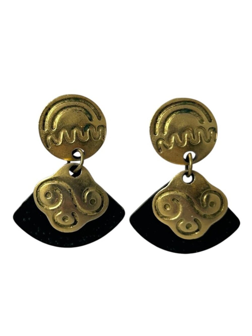 Gold Tone Black Abstract Geometric Dangle Pierced Earrings Tribal Boho